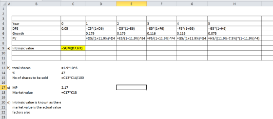 A B с D E F G H 1 2 3 4 5 Oo 0.05 5 6 Year DPS Growth PV 1 2 3 4 =C5*(1+D6) =D5*(1+E6) =E5*(1+F6) =F5*(1+G6) =G5*(1+H6) 0.179