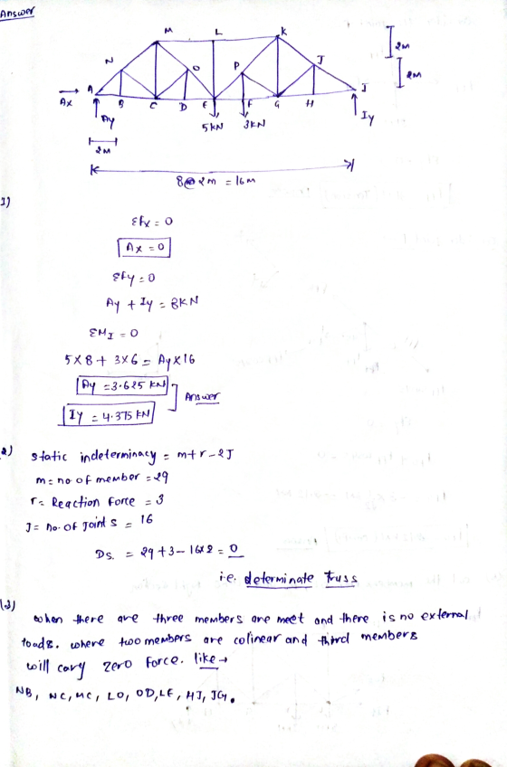 Answer - 5KN 5KN 3KN 8 fm = 16m E&x=0 sty=0 Ay + ly = 8kN EMI-0 5X8+ 386 - Ayx 16 104 = 3.625 kad IY - 4.375 kW Answer Static