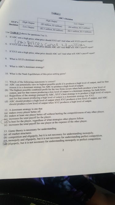 XYZs Use TABL above Sor qestions 5 to 1. ABC sets a high price, wbat peice should xyZ sect And whwil Xs pay oqpal 6. If cts