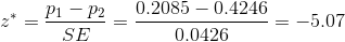 z^* = \frac{p_1 - p_2}{SE} = \frac{0.2085 - 0.4246}{0.0426} = -5.07