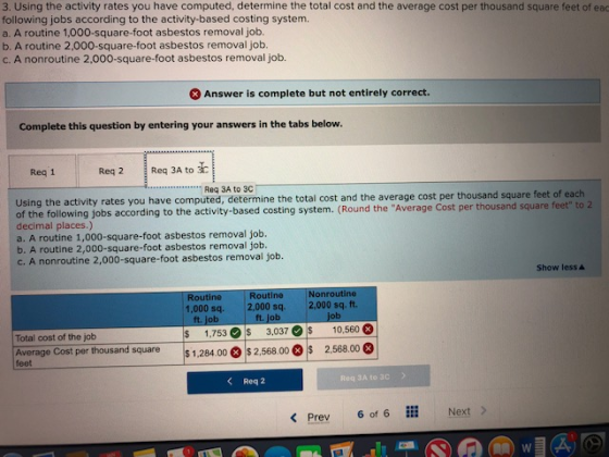 3. Using the activity rates you have computed, determine the total cost and the average cost per thousand square feet of eac following jobs according to the activity-based costing system. a. A routine 1,000-square-foot asbestos removal job. b. A routine 2,000-square-foot asbestos removal job. c. A nonroutine 2,000-square-foot asbestos removal job. Answer is complete but not entirely correct. Complete this question by entering your answers in the tabs below. Req 1 Req 2Req 3A to c Using the activity rates you have computed, determine the total cost and the average cost per thousand square feet of each of the following jobs according to the activity-based costing system. (Round the Average Cost per thousand square f decimal places.) a. A routine 1,000-square-foot asbestos removal job. b. A routine 2,000-square-foot asbestos removal job. c. A nonroutine 2,000-square-foot asbestos removal job. Req 3A to 3C eet to 2 Show less & Routine Nonroutine Routine 1,000 sq. ft. job $ 2,000 sq. ft. job 2,000 sq. ft job 1,753 O s 3.037 O s 10.560 Total cost of the job 2.568.00 * Average Cost per thousand square feet |s 1,284 00 C)s 2.568.00 C)s Req2 Req 3A to 3C くPrev 6016 ::: Next