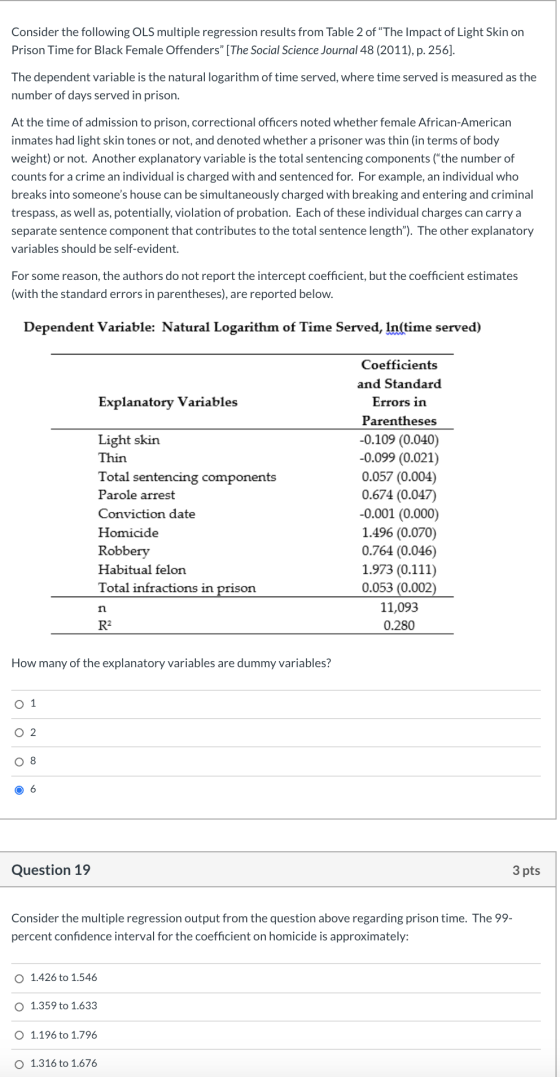Consider the following OLS multiple regression results from Table 2 of “The Impact of Light Skin on Prison Time for Black Fem