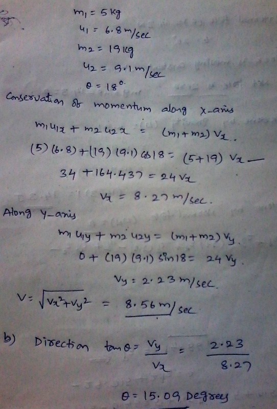 ig e 13 Conservation 8r momentum along χ-aws 34 14.432 4 V Along y-ani Vy:2. 23 m/sec. Sec. : 2-23 0 15.09 Deyses
