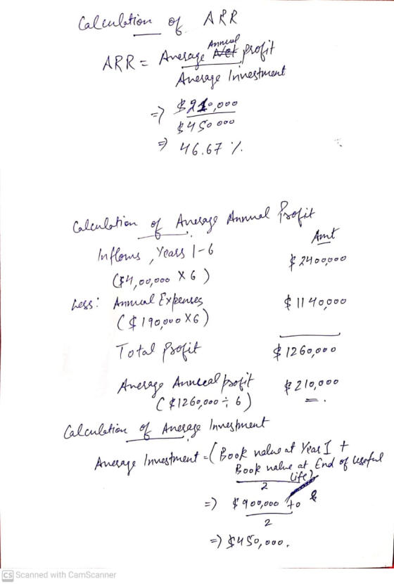 of น Calculation ARR ARR = Anesage Antent profit Annual Anésage Irinestment => ㅋ $140,000 > 46,67 % $45oooo Amt (54,00,000 X6