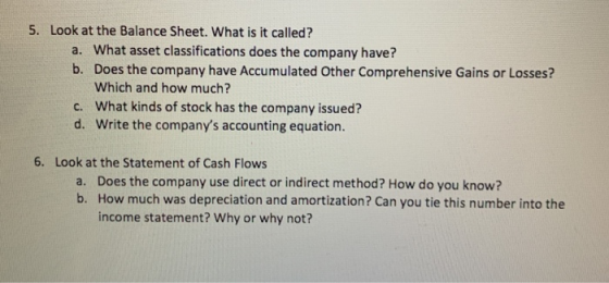 5. Look at the Balance Sheet. What is it called? a. What asset classifications does the company have? b. Does the company hav