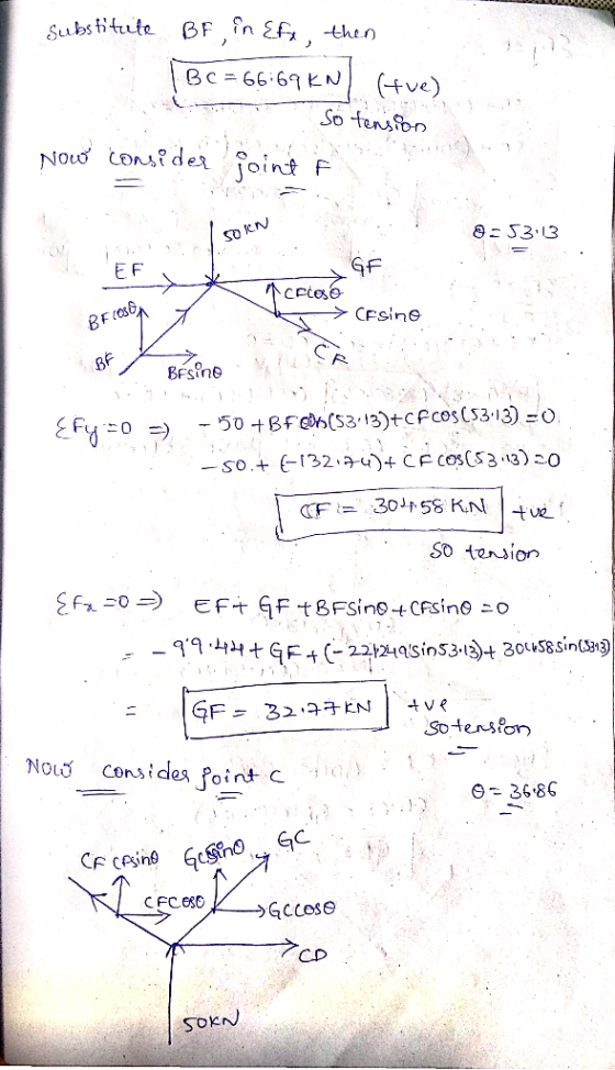 Substitute BF, in Ef, then BC = 66:69 KN (tve) So tensfon Nou Consider foint F 8=53 3 SO KN GF EF CEsine BEIOSB, BE BÉsine EF