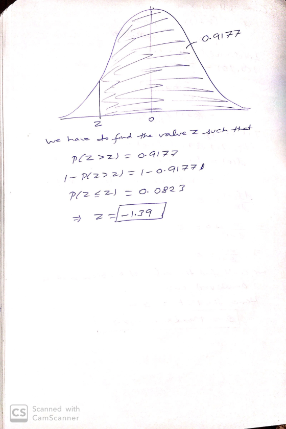 to.9177 such that Ź o we have to find the valve z P(Z >Z) = 0.9177 1 – PLZ22) = 1-0.9177} P1252) = 0. 0823 > z =(-1.39 / cs S