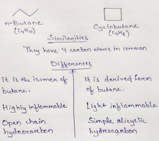 n-Butane (Cyhio) Cyclobutane (CyHg) Similarities They have y carbon atoms in common Differences It is the isomer of 1 It is d