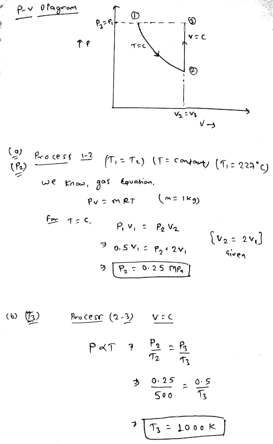 prv Diagram Pgapi VEC ТР TEC V, V3 vo ( Process 1-2 (T.-T2) IT - contant) (1. = 227°C) (P2) we know, gas Equasian, Pva met (M
