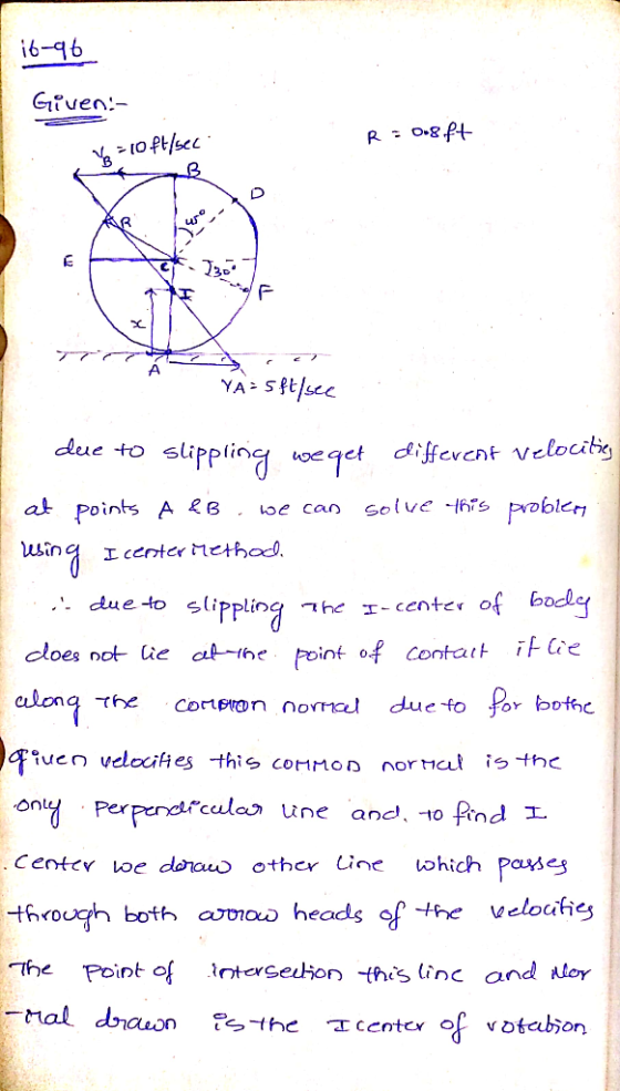 16-96 Given- R = oooft Vas 10 ft/sec Á VA= 5ft/sec due to slippling weget different velocities at points A e B. we can solve
