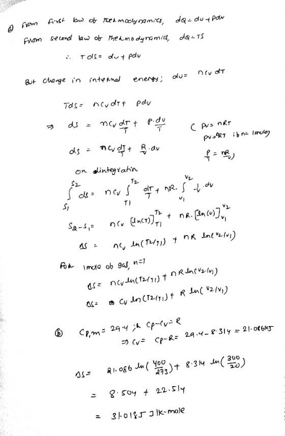 from fors. first low of red moclynamics, da dut pou ¢ from from second law of thedmodynamics, dQ=TS i Tos= dut palv But chang