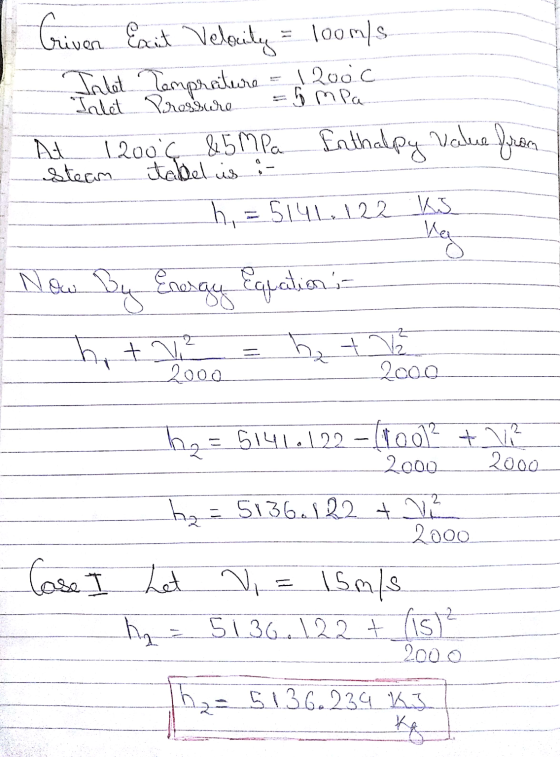 Criven Exit Velocity = 100m/s Inlet Temprature = 1200c 1200°C & 5 MPa Enthalpy value from Jalet Pressure =5 MPa At Steam tabe