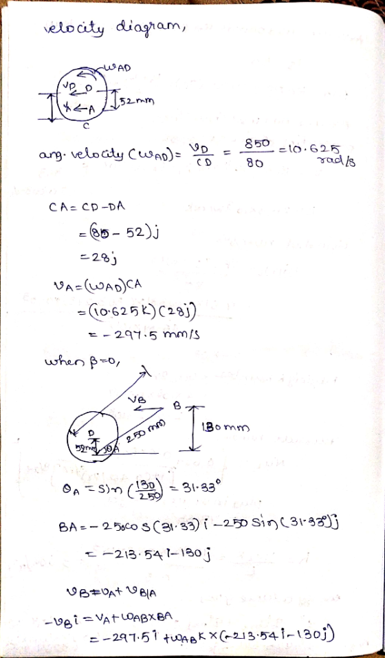 velocity diagram, AWAD Dot 52 AAA ang, velocity (WADI = 20 =10. CA-CD-DA = @9 - 52)j -28; Var(WADCA = (10.625K) (283) =-294.5