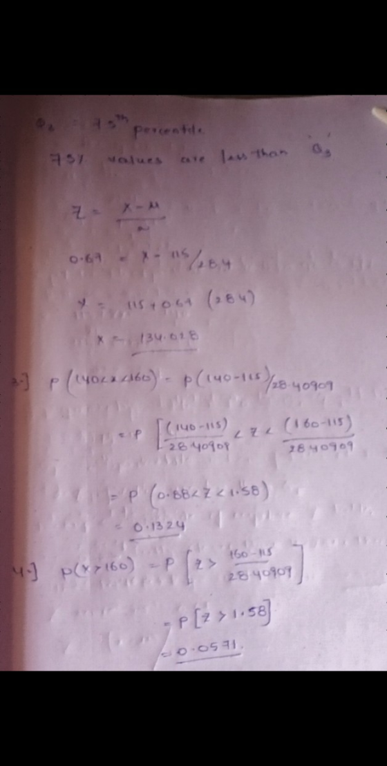 porcentile values are less than a 75 2 X- 0.69 x-us 15/04 15 +0.64 (284) 134.01 2 p (1402966) - P (140-115 / 26.40909 [(140-1