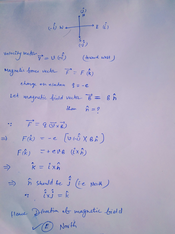(-i) w W E i q=-e then velocity vector y = ut? (toward west ) magnetic boree vector P = F (Å) change on election Let magnetic