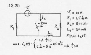 12.2h V = LOV R = 1.5kn. R2=500 L = 20mH Find: ixit) ans. ix(+={cc-6e-25-10 ma txo sontco