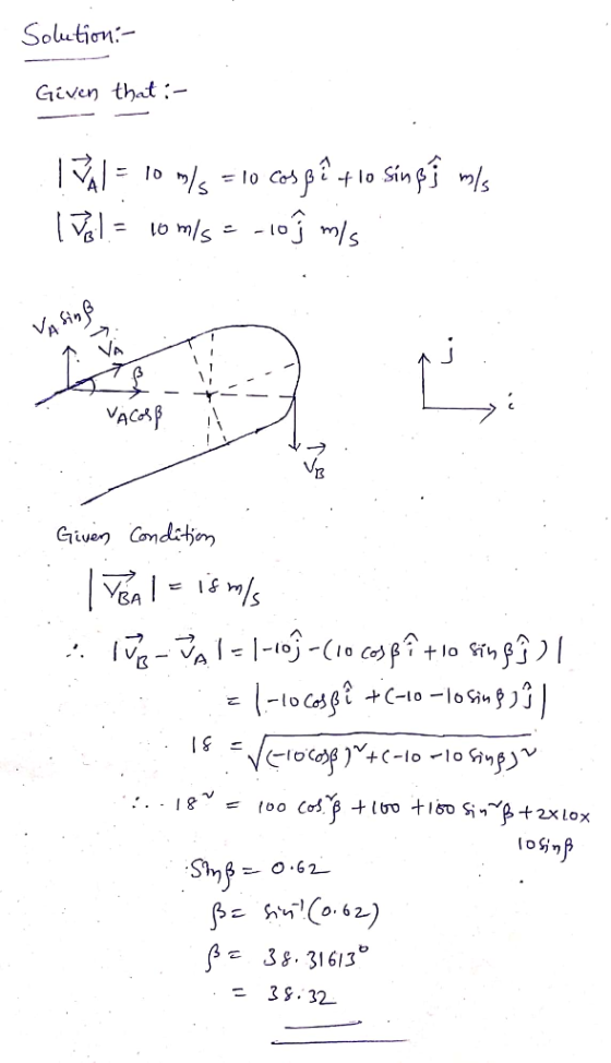 Solution - Given that :- IVAL= 10 m/s = 10 cos pê + 10 singi mls Iol= lomls = -10 ĵ m/s VA SinB 4 - VACOSB / Given Condition