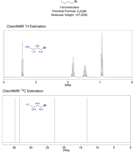 Br 1-bromobutane Chemical Formula: C4H,Br Molecular Weight: 137.0200 ChemNMR 1H Estimation 0.94 1.84 Br 1.47 3.42 PM PPM Chem