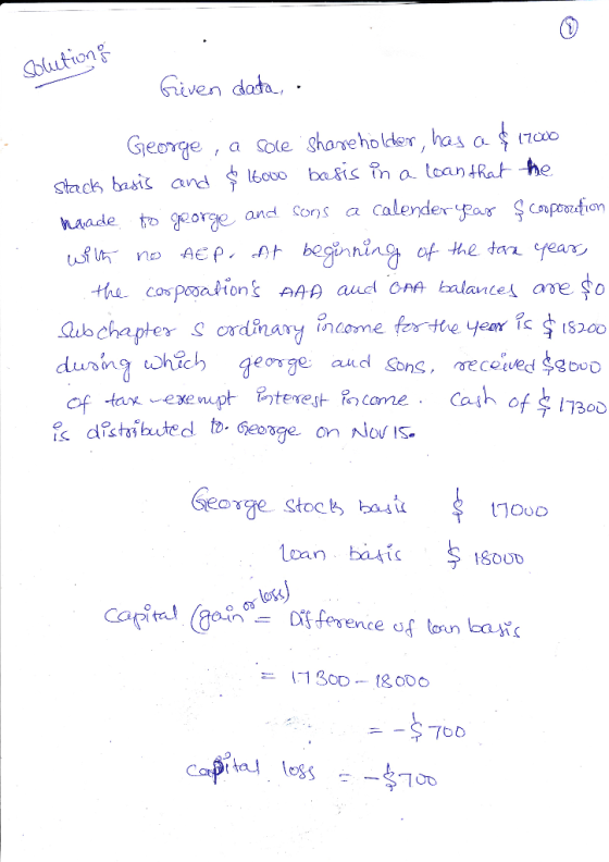 Solutions Geven data, a George, a sole shareholder, has a $ 17000 stack basis and & 16000 basis in a loan that the maade to g