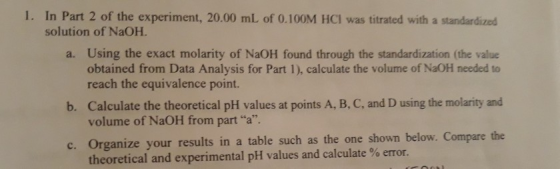 1. In Part 2 of the experiment, 20.00 mL of 0.100M HCl was titrated with a standardized solution of NaOH. a. Using the exact
