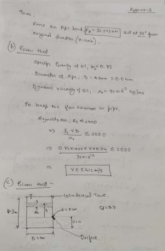 Page no-3 force on Pipe bend, Ifo = 32.573 kN original direction (x-axia). art at 55° from (6) Given that Specific Granity of