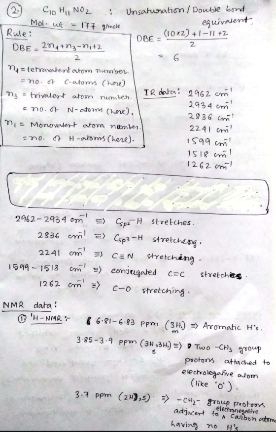 equivalent (2) Co H, NO2 : Unsaturation / Double bond Mol. wt. = 177 g/mole Rule: (10*2)+1 -11 +2 DBE - DBE 2014 +n3-n,+2 2 n