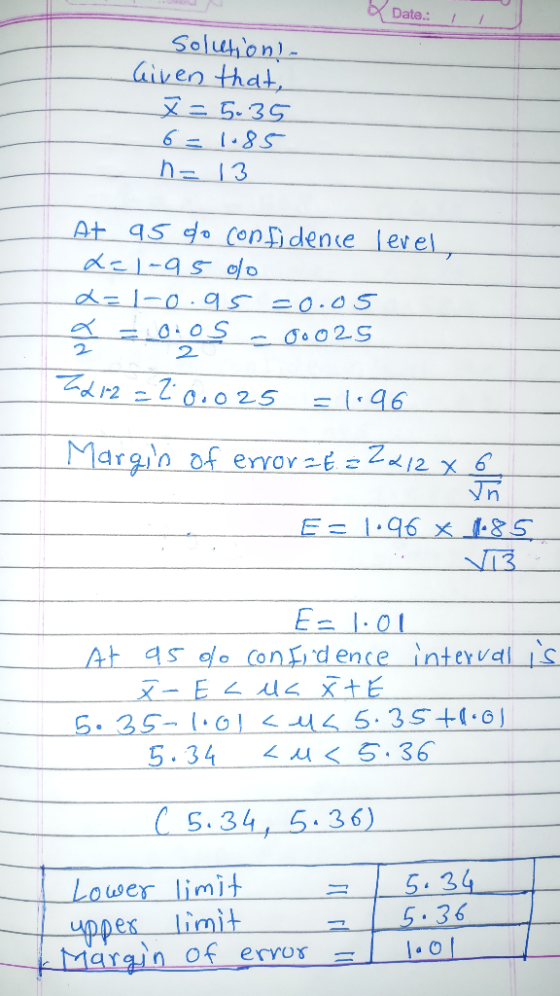 Date: 1 solution). Given that, x = 5.35 6= 1185 n= 13 At as do confidence level, x=1-95 olo 2=1-0.95 =0.05 a = o.os - 00025 2