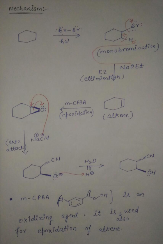 Mechanism: BY: 古n) (mono bromineior) E2 NaoEt m-CPBA O: acN SN 2 outtack CN e m-C PBA oxidieing at it i uted eboxidation of a