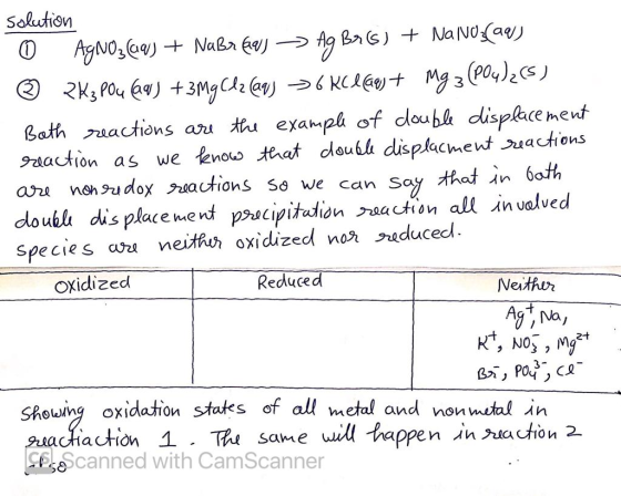 Solution 0 AgNO3(aq) + NaBrags -> Ag Bas) + NaNO3(aq) © 2K3 Pou (69+3Mg Cez (aq) = 6 klag) + Mg 3(PO4)2(5) Both reactions are