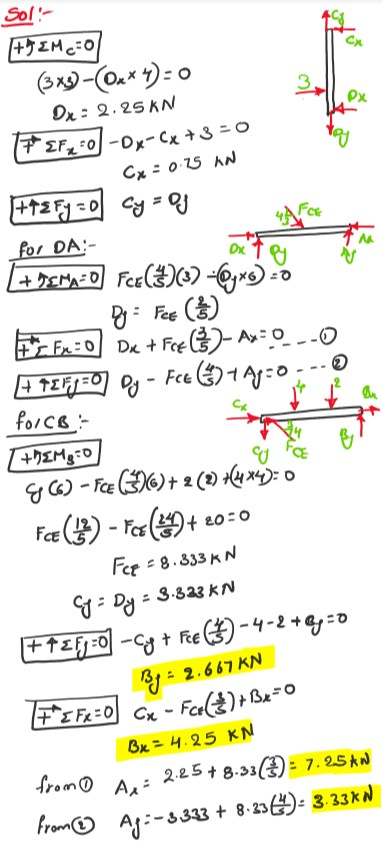 Sol +JZM0 Dx: 2.25KN EFO-Ox- C3O Cx o25 AN FOE for DA:- Ox. T 0Fee(O Fn 0 De Fee Ao Fce 1A0 force +hEM0 +G Fcr 8.833KN FCE -