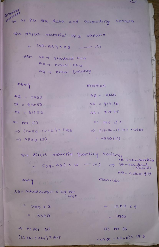 ADbroer so as per the data and accounting concerts The direct material price variana = (SR-AR) XA Q & Here SR - AR Standard A