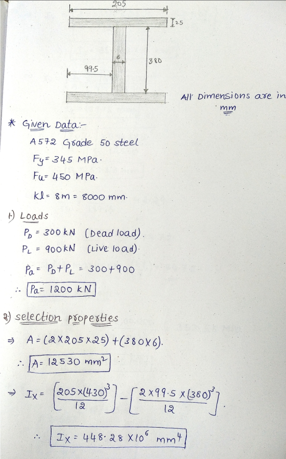 Ic 205 f 125 1380 k 99.5 All Dimensions are in mm * Given Data: A572 Grade 50 steel Fy= 345 MPa Fu= 450 MPa Kl=em=8000 mm. 1)