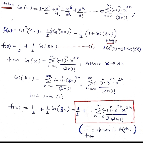 Note: Cos(x)=1-x + 2 / x + an х =Ž-5. 2! 41 +X 8 81 61. hzo (2n)! 2 fous = 63+(4x)= }{C} * *)) = { (1+60$ (8x)) Note: fex)= +