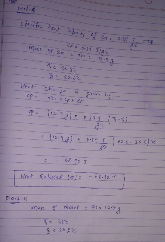 part-A specific heat Capecity of an = 0.39 I (p = 0.39 Ilgoc mass of an am: 12.9 g stop 1a 36.3°C T22 22.6°C Heat a = change