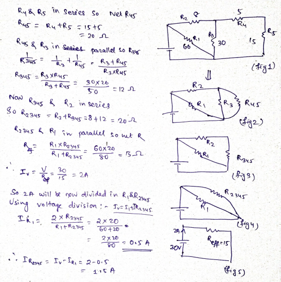 So 2A will be now divided in R, &Razus Net Rus 5 Rus & R3 in series parallel so R34 Ry & Rs in series so Rut R5 = 1575 = 20 1