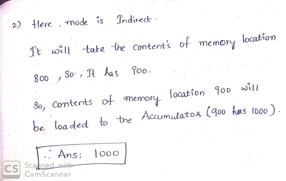 Indirect 2) Here, mode is location It will take the contents of memory 80, It has 900. 800 of memory location 900 will 80, c