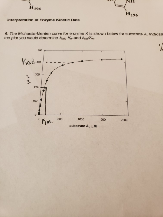 H196 H196 Interpretation of Enzyme Kinetic Data 6. The Michaelis-Menten curve for enzyme X is shown below for substrate A. In
