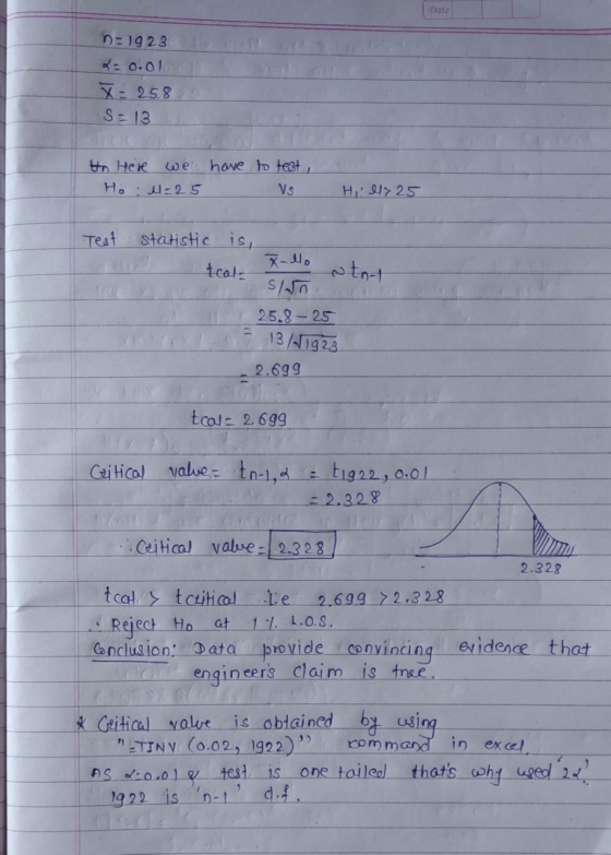 n=1923 Da 0.01 X = 25.8 S = 13 to Here Ho: M=25 have to test , Vs Hil1725 Test statistic is, X-llo teala SA 25.8-25 stot 13/1