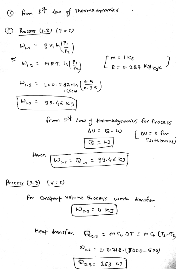 from 1st how of Thermo dynamic © Process (1-2) (T=0 W,.2 lund .P2 Puin ( MRT, 141 W1.2 = MRT, In Coming maliks R=0.287 Kil Kg