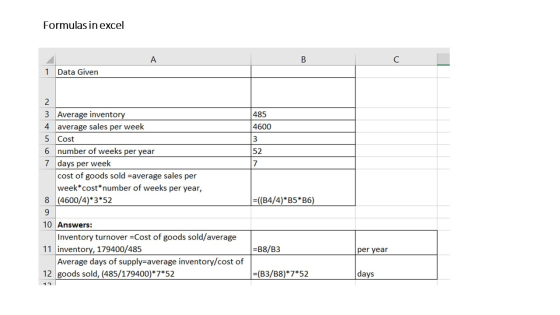 Formulas in excel A B С 1 Data Given 485 4600 3 52 7 2 3 Average inventory 4 average sales per week 5 Cost 6 number of weeks