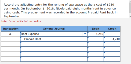 Record the adjusting entry for the renting of spa space at the a cost of $530 per month. On September 1, 2018, Nicole paid ei