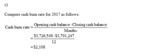 Compute cash burn rate for 2017 as follows: Opening cash balance-Closing cash balance Cash burn rate = Months $3,726,549 - $3