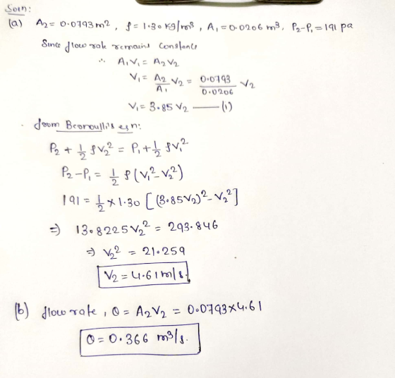 Soin: (a) A2= 0.0193 m2, P=130 kg/6013, A, = 0.0206 m3, P2-P, = 191 pa Since flow sale remains constance AIVI = AzV2 Vi = A