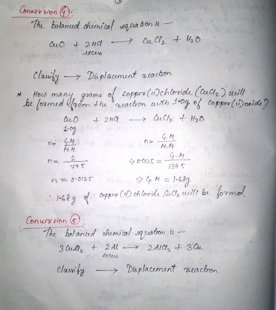 conversion Conveo non The balanced chemical aqua tion à – cuo & 240 – calls & H₂O exces Clasiky → Düplacement relacton. * How
