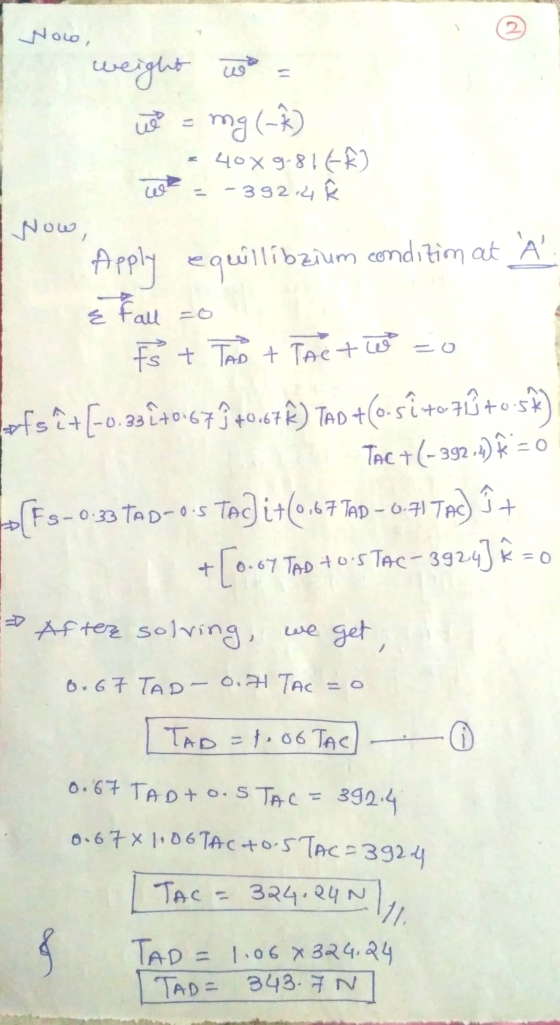 Woo, 11 ue - weight w mg (-²) = 40X9.816 -392.4 Now, Apply equillibzium condition at À & Fall zo Is + TAD + Tact w ofs î+(-0.