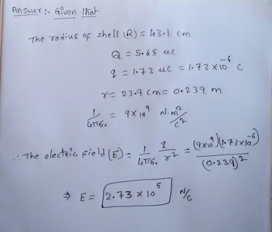 The γα dius of shell (R) 431 cm γー23-9 cm 0,239 m 시·m o- The electsie Fred 2- O.239