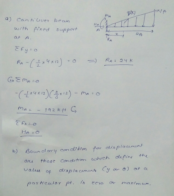YRIL Yix) HA a) Cantilever beam with fixed support at A. 12 ft » рее Тух Efy=0 RA-( x 4 x 12) = 0 = RA: 24K GEMAO - (2 x4 x 1