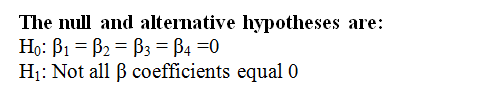 The null and alternative hypotheses are: Ho: B1 = B2 = B3 = B4 =0 Hi: Not all ß coefficients equal 0