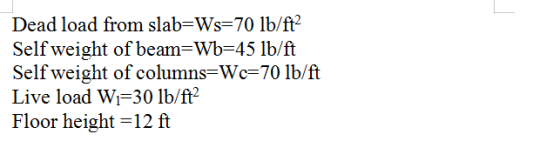 Dead load from slab=Ws=70 lb/ft? Self weight of beam=Wb=45 lb/ft Self weight of columns=Wc=70 lb/ft Live load W1=30 lb/ft? Fl