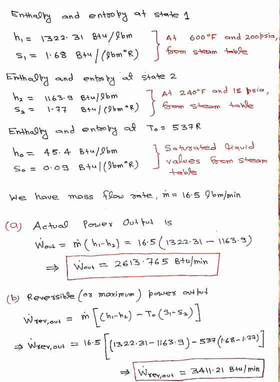 Enthalby and entropy at state 1 hi= 1322.31 Btu/ebm 2 At 600°F and zoopsia, S, = 1.68 B741ebmºR) S forom steam table Enthalby